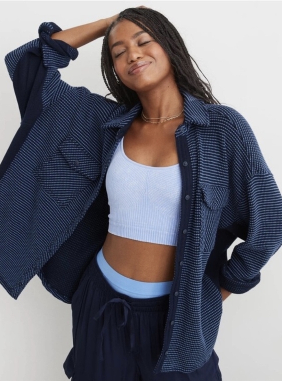 Aerie Lumberjane Shirt Womens XL Blue Waffle Knit Oversized Button Shacket